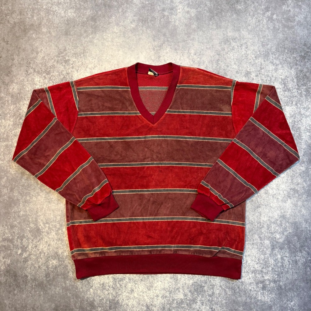 Vintage Expressions Velour Striped V-Neck Pullover Sweater Mens XL Red Burgundy